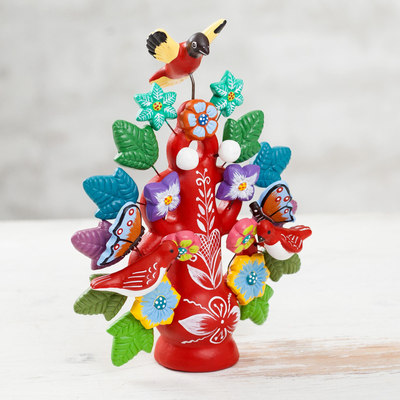 Escultura de cerámica - Escultura de árbol de paloma de cerámica floral pintada a mano en rojo