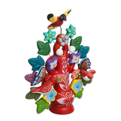 Ceramic sculpture, 'Majestic Tree in Red' - Hand-Painted Floral Ceramic Dove Tree Sculpture in Red