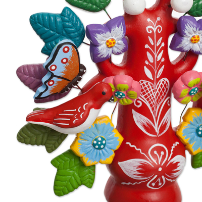 Escultura de cerámica - Escultura de árbol de paloma de cerámica floral pintada a mano en rojo