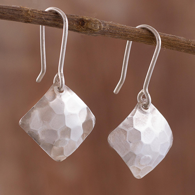 Sterling silver dangle earrings, 'Hammered Squares' - Modern Square Sterling Silver Dangle Earrings from Peru