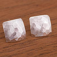 Sterling silver button earrings, 'Hammered Squares' - Modern Square Sterling Silver Button Earrings from Peru
