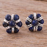 Lapis lazuli button earrings, 'Earth Orbs' - Lapis Lazuli Beaded Button Earrings from Peru
