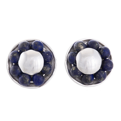 Lapis lazuli button earrings, 'Orb Shields' - Round Lapis Lazuli Button Earrings from Peru