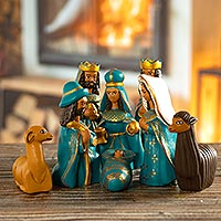 Ceramic nativity scene, 'Arrival of Jesus' (set of 8) - Handcrafted Ceramic Nativity Scene in Blue (Set of 8)