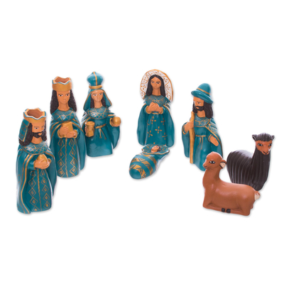 Ceramic nativity scene, 'Arrival of Jesus' (set of 8) - Handcrafted Ceramic Nativity Scene in Blue (Set of 8)