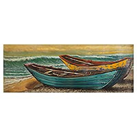 'Boats at Sunset' - Signed Realist Painting of Two Boats from Peru