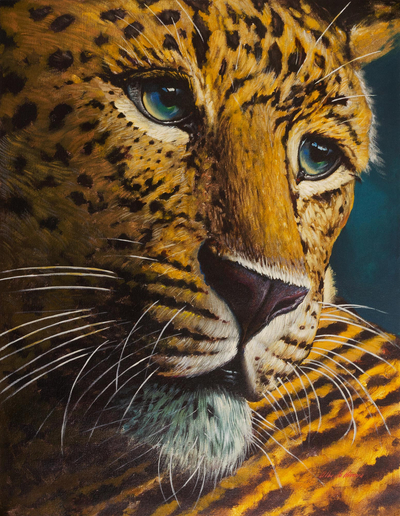 'Leopard' (2018) - Signed Realist Painting of a Yellow Leopard from Peru (2018)