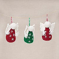 Hand-crocheted ornaments, 'Festive Angels' (set of 3) - Crocheted Angel Ornaments in Red and Green (Set of 3)