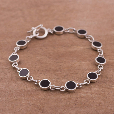 Onyx link bracelet, 'Midnight Soiree' - Onyx Disc and Sterling Silver Link Bracelet from Peru