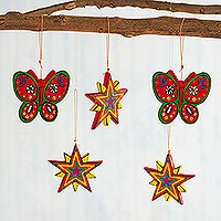 Hand-Painted Ceramic Star and Butterfly Ornaments (Set of 5),'Stars and Butterflies'