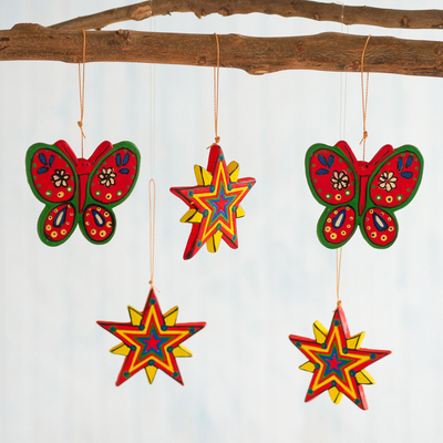 Ceramic ornaments, 'Stars and Butterflies' (set of 5) - Hand-Painted Ceramic Star and Butterfly Ornaments (Set of 5)