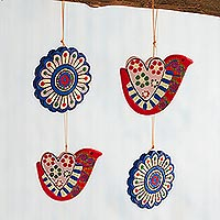 Ceramic ornaments, 'Doves and Flowers' (set of 4) - Hand-Painted Ceramic Dove and Flower Ornaments (Set of 4)
