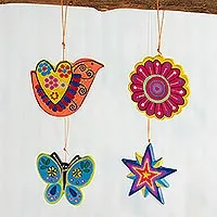 Ceramic ornaments, 'Multicolored Nature' (set of 4) - Assorted Hand-Painted Ceramic Ornaments from Peru (Set of 4)