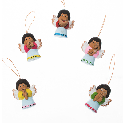 Ceramic ornaments, 'Music of Angels' (set of 5) - Hand-Painted Ceramic Angel Ornaments from Peru (Set of 5)