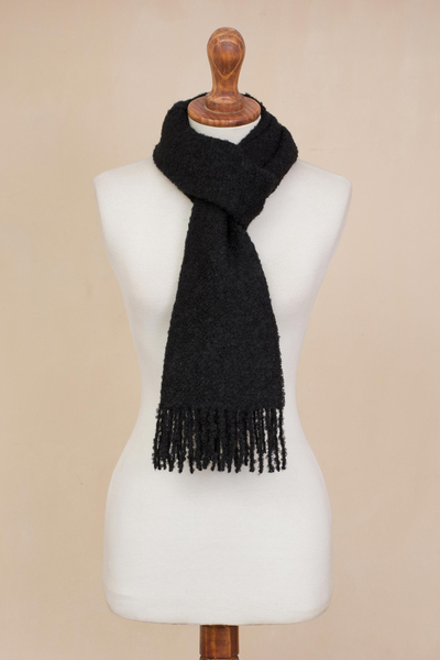 100% alpaca scarf, 'Andean Delight in Black' - 100% Alpaca Wrap Scarf in Solid Black from Peru