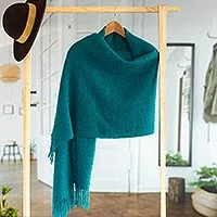 100% alpaca shawl, 'Andean Delight in Teal' - 100% Alpaca Shawl in Solid Teal from Peru