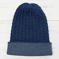 Sombrero reversible de mezcla de alpaca para hombre, 'Las campanas de Huancayo en Azul' - Sombrero de punto de mezcla de alpaca para hombre en Azul de Perú