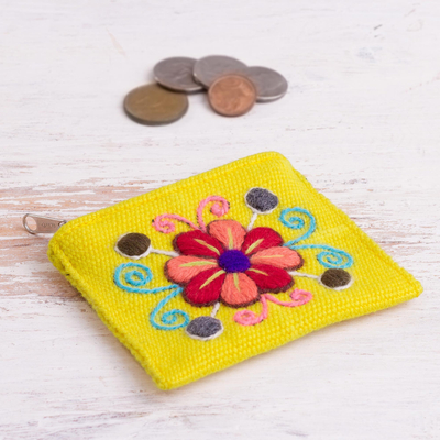Alpaca blend coin purse, 'Maize Flower' - Embroidered Floral Maize Alpaca Blend Coin Purse from Peru