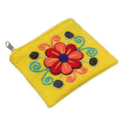 Alpaca blend coin purse, 'Maize Flower' - Embroidered Floral Maize Alpaca Blend Coin Purse from Peru