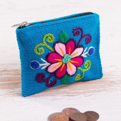 Alpaca blend coin purse, Floral Keeper in Turquoise
