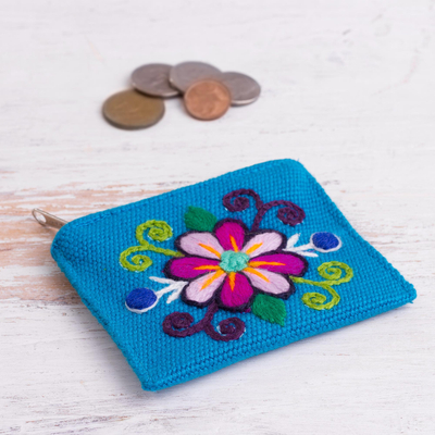 Alpaca blend coin purse, 'Floral Keeper in Turquoise' - Embroidered Floral Turquoise Alpaca Blend Coin Purse