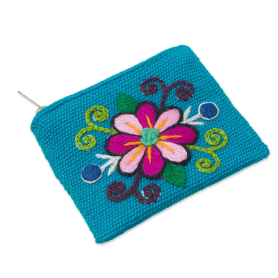 Alpaca blend coin purse, 'Floral Keeper in Turquoise' - Embroidered Floral Turquoise Coin Purse