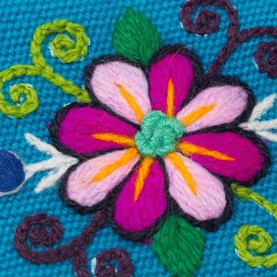 Alpaca blend coin purse, 'Floral Keeper in Turquoise' - Embroidered Floral Turquoise Coin Purse
