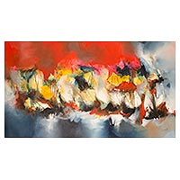 'Orange Composition' - Signed Abstract Painting from Peru