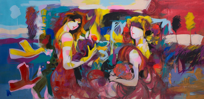 Colorful Expressionist Painting of Two Women from Peru