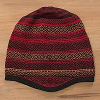 Gorro en mezcla de alpaca - Gorro tejido de mezcla de alpaca rojo y multicolor de Perú