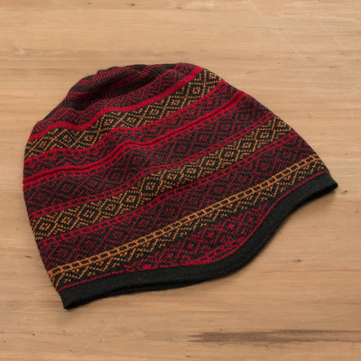 Alpaca blend knit hat, 'Diamond Warmth' - Red and Multicolored Alpaca Blend Knit Hat from Peru