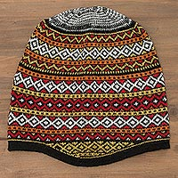 White and Multicolored Alpaca Blend Knit Hat from Peru,'Bright Diamonds'