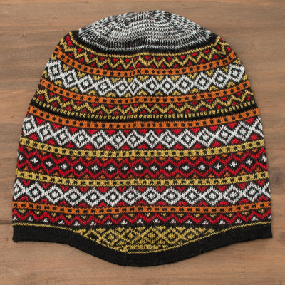 Alpaca blend knit hat, 'Bright Diamonds' - White and Multicoloured Alpaca Blend Knit Hat from Peru