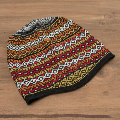 Alpaca blend knit hat, 'Bright Diamonds' - White and Multicolored Alpaca Blend Knit Hat from Peru
