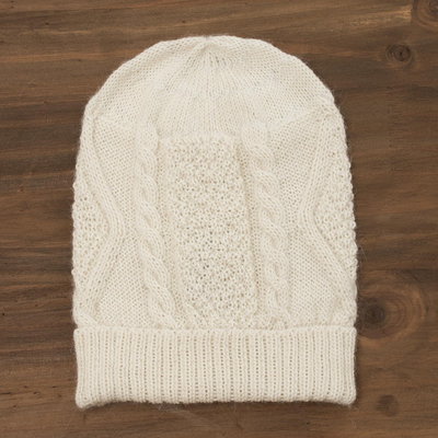 100% alpaca knit hat, 'Alabaster Diamonds' - 100% Alpaca Knit Hat in Alabaster from Peru