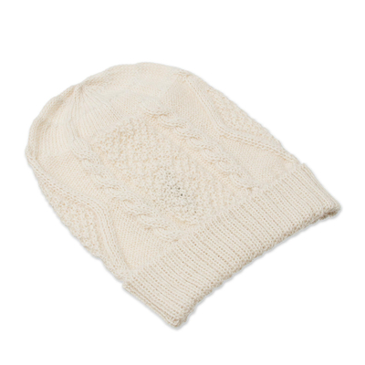 100% alpaca knit hat, 'Alabaster Diamonds' - 100% Alpaca Knit Hat in Alabaster from Peru