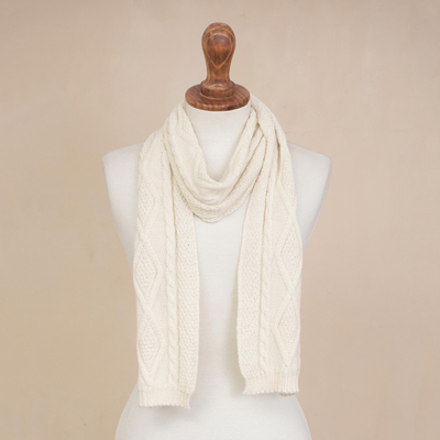 100% alpaca scarf, 'Alabaster Diamonds' - 100% Alpaca Knit Wrap Scarf in Alabaster from Peru