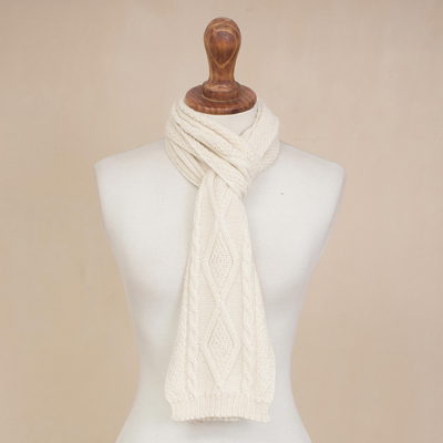 100% alpaca scarf, 'Alabaster Diamonds' - 100% Alpaca Knit Wrap Scarf in Alabaster from Peru