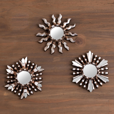 Wood wall mirrors, 'Wiracocha Reflection' (set of 3) - Handmade Andean Sun and Star Wood Wall Mirrors (Set of 3)