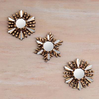 Wood wall mirrors, 'Golden Snowflakes' (set of 3) - Snowflake Bronze Leaf Wall Mirrors (Set of 3)