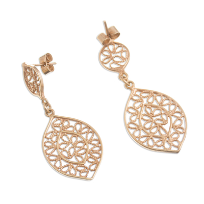 Gold plated sterling silver filigree dangle earrings, 'Drops of Autumn' - Leaf-Shaped Gold Plated Sterling Silver Filigree Earrings