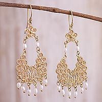 Gold plated cultured pearl filigree chandelier earrings, Artisanal Gala