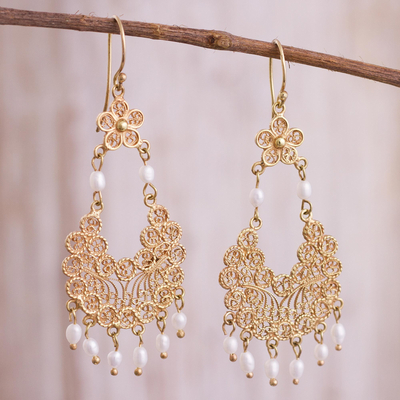 Gold plated cultured pearl filigree chandelier earrings, Artisanal Gala