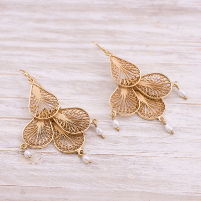 Gold plated cultured pearl filigree chandelier earrings, 'Sunrise Petals' - Gold Plated Cultured Pearl Chandelier Earrings from Peru