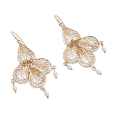 Gold plated cultured pearl filigree chandelier earrings, 'Sunrise Petals' - Gold Plated Cultured Pearl Chandelier Earrings from Peru