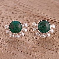 Chrysocolla button earrings, 'Bauble Delight' - Circular Chrysocolla Button Earrings from Peru
