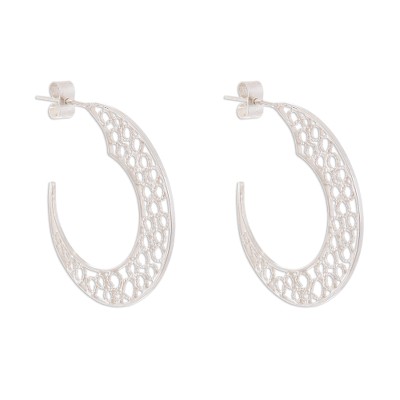 Sterling silver filigree half-hoop earrings, 'Glistening Moons' - Sterling Silver Filigree Half-Hoop Earrings from Peru