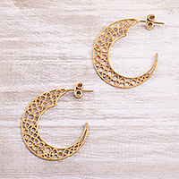 Gold plated sterling silver filigree half-hoop earrings, 'Glistening Moons'