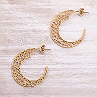 Gold plated sterling silver filigree half-hoop earrings, 'Glistening Moons' - 24k Gold Plated Sterling Silver Filigree Half-Hoop Earrings