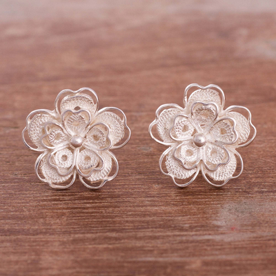 Sterling silver filigree button earrings, 'Intricate Flowers' - Floral Sterling Silver Filigree Button Earrings from Peru